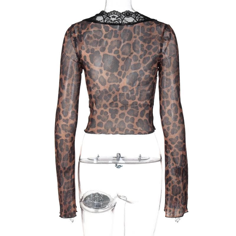 Long flared sleeve print lace hem button see through top