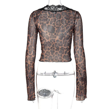 Long flared sleeve print lace hem button see through top