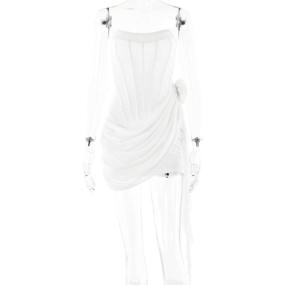 U neck bustier ruffle flower applique tube mini dress