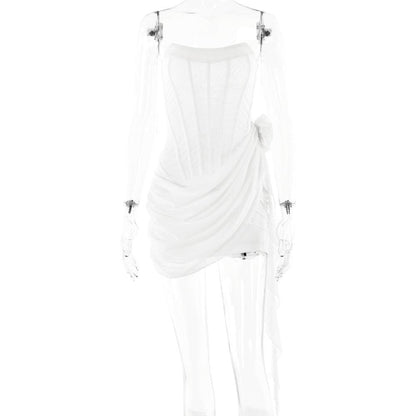 U neck bustier ruffle flower applique tube mini dress