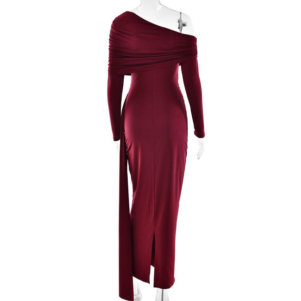 One shoulder long sleeve ruched slit maxi dress