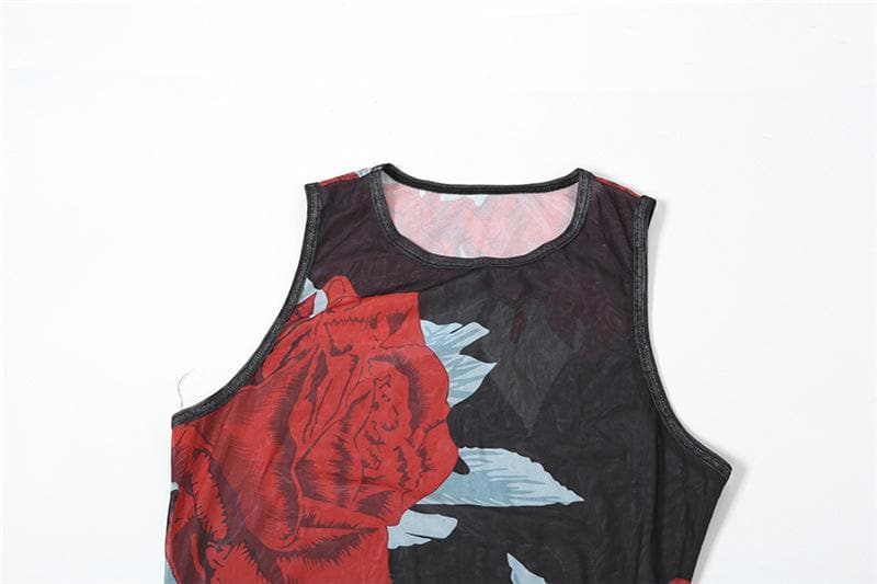 Sleeveless flower print mesh see through maxi dress