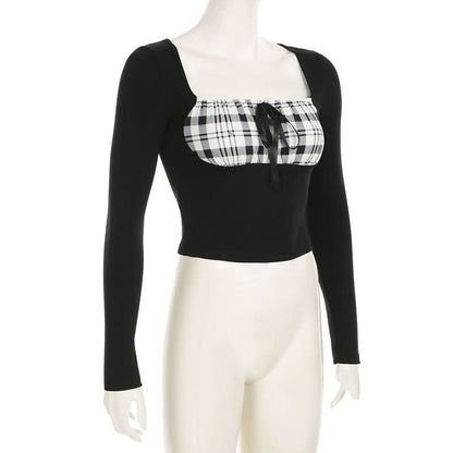 Long sleeve square neck plaid self tie top