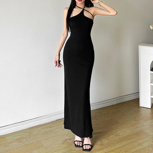 Halter Hollow out irregular solid cut out maxi dress