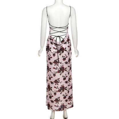 Floral Print Square Neck Spaghetti Strap Back Lace Up Maxi Dress