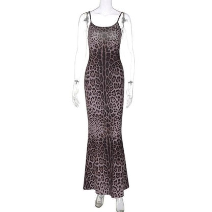 Leopard print u neck backless cami maxi dress