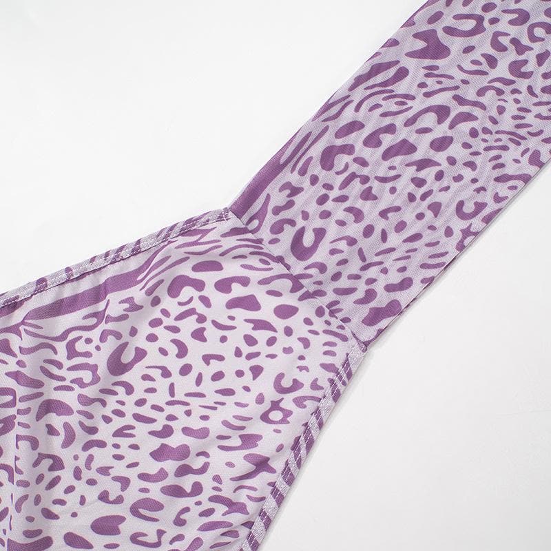 Halter leopard print sheer mesh backless maxi dress