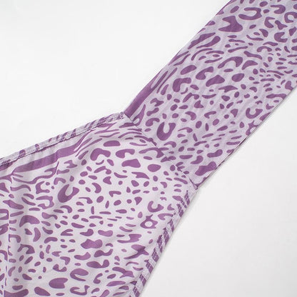 Halter leopard print sheer mesh backless maxi dress