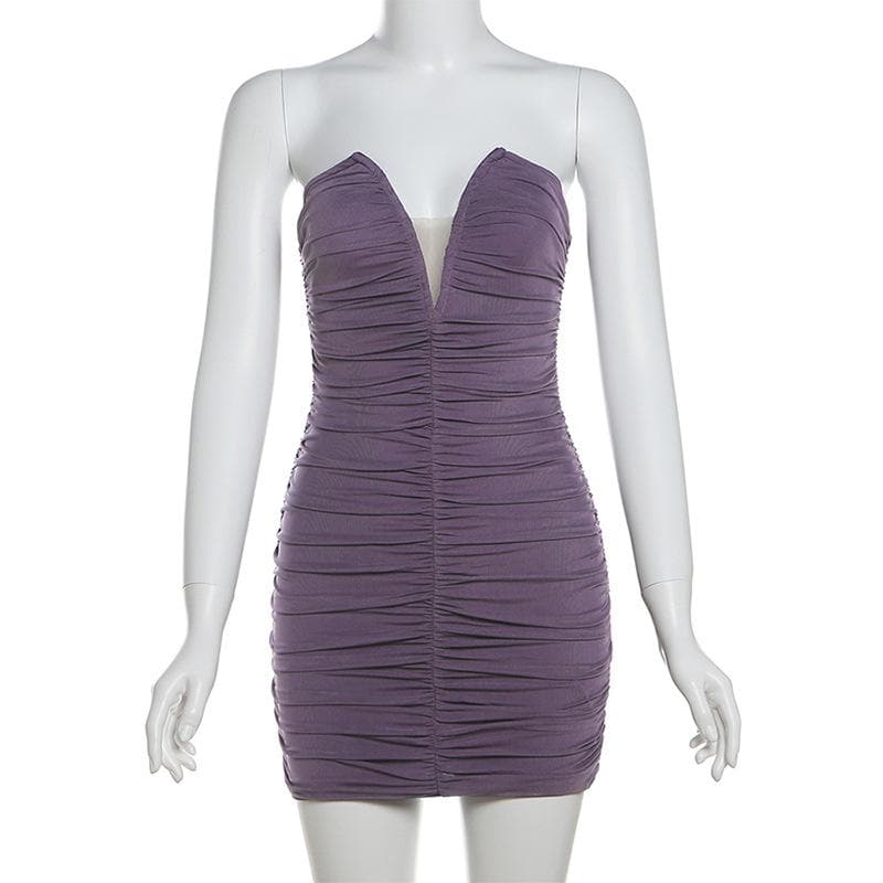 V neck ruched solid mesh tube mini dress