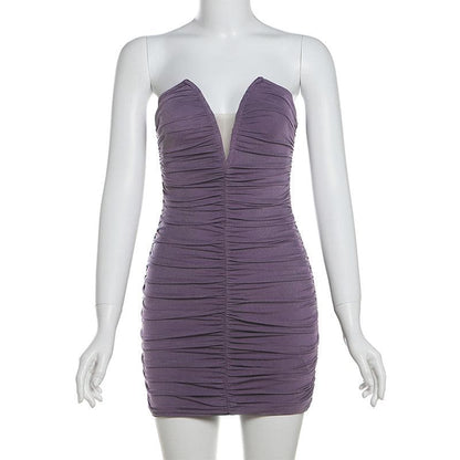 V neck ruched solid mesh tube mini dress