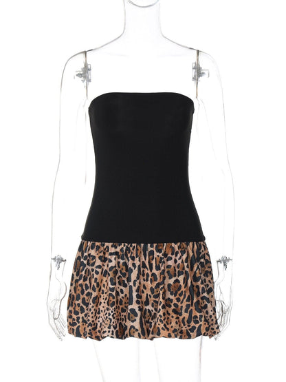 Leopard print patchwork tube mini dress
