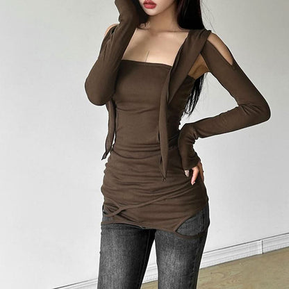 Hoodie long sleeve hollow out shrug mini skirt set