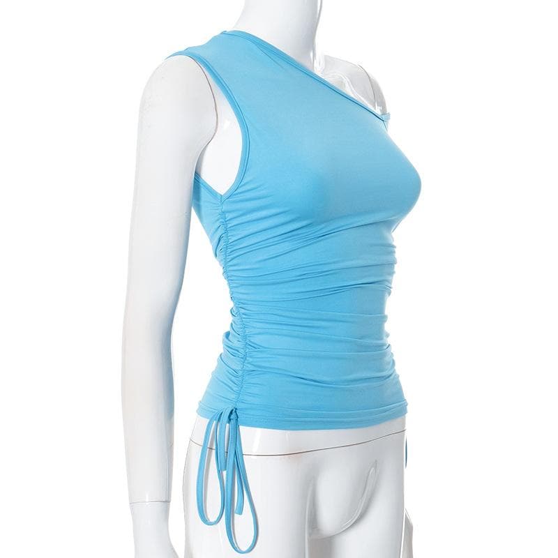 Short sleeve one shoulder ruched drawstring top