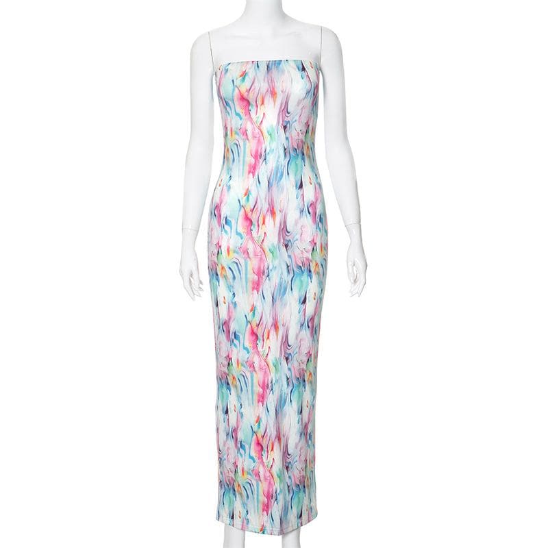 Ripple contrast high slit backless maxi dress