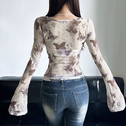 Cowl neck beaded butterfly print top