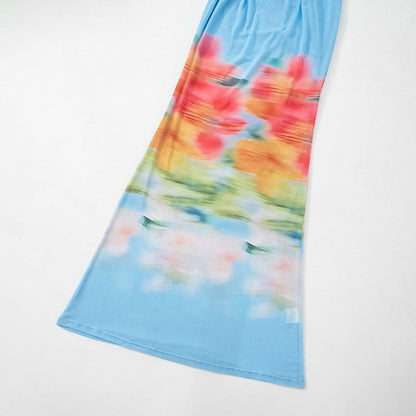 High neck long sleeve ruched mesh flower print maxi dress