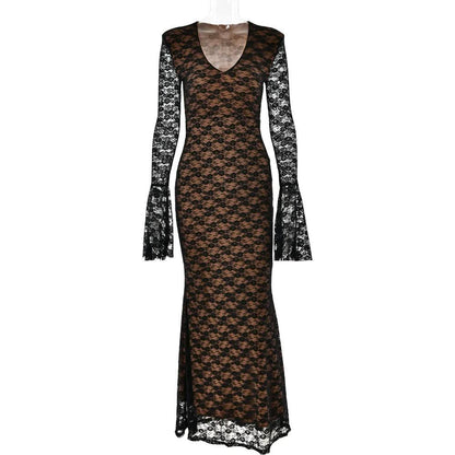 Long flared sleeve lace v neck patchwork maxi dress