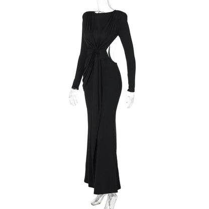 Long sleeve padded backless ruched maxi dress