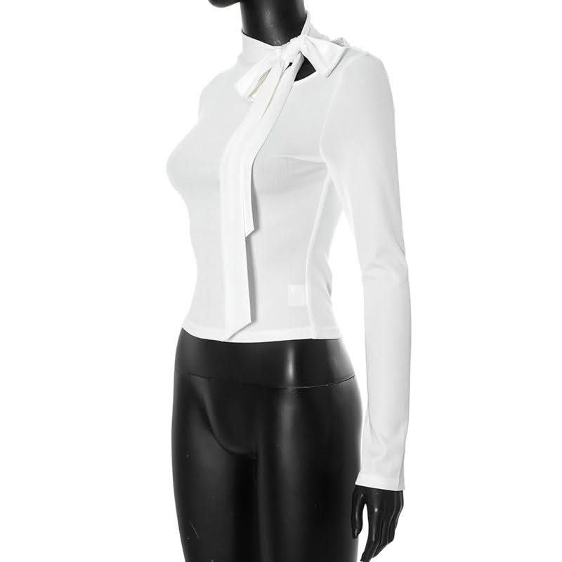 Hollow out bowknot self tie long sleeve solid cut out top