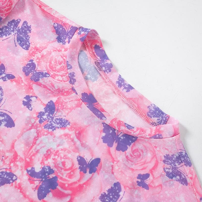 Short sleeve butterfly print sheer mesh crewneck ruffle top