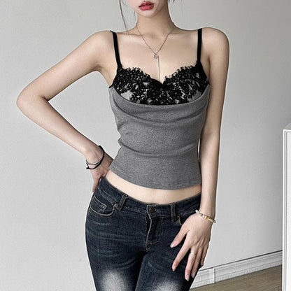 Lace patchwork ruched contrast cami top