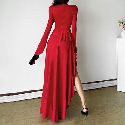 Long sleeve zip-up irregular ruffle square neck maxi dress