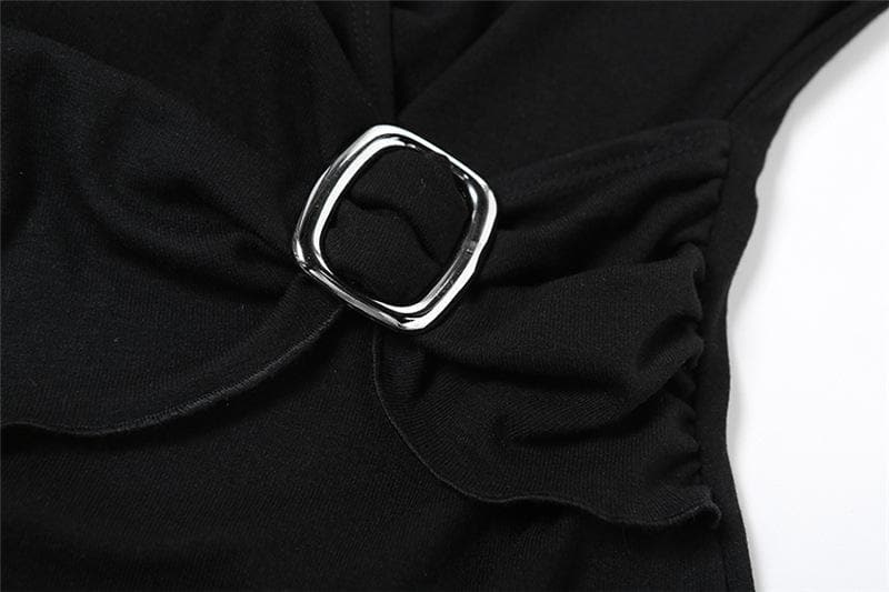 Halter buckle ruffle irregular ruched top