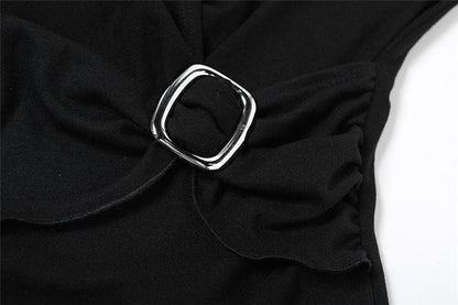 Halter buckle ruffle irregular ruched top