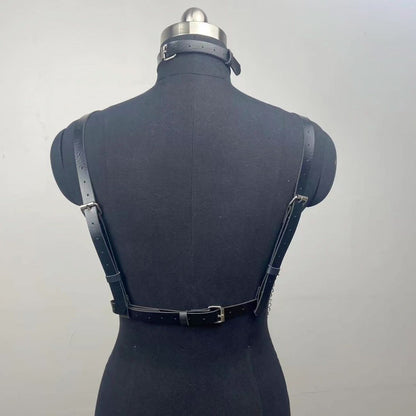 O ring halter PU leather metal chain harness top
