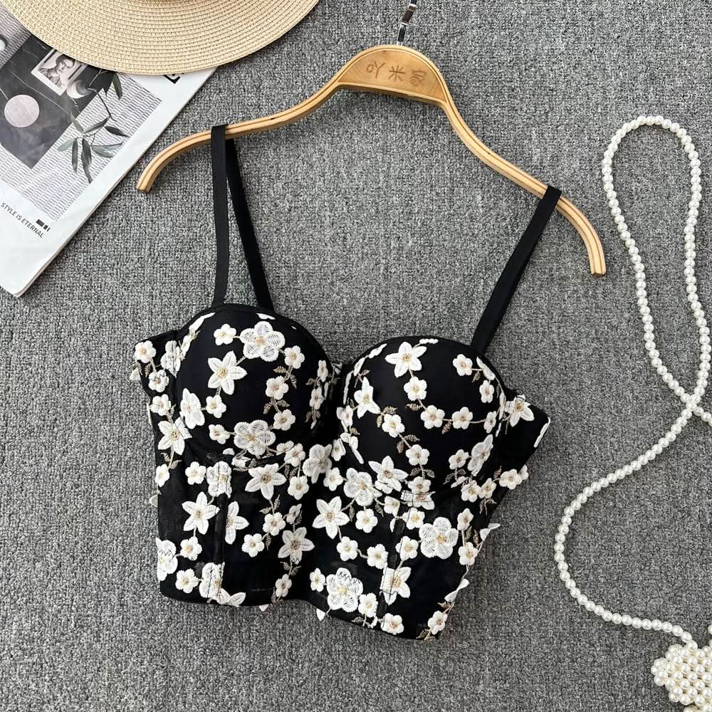 Embroidery padded bustier flower applique cami top