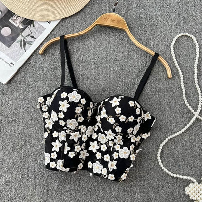 Embroidery padded bustier flower applique cami top