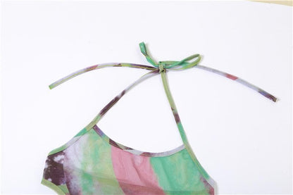 Halter self tie contrast print sheer mesh backless hollow out cut out maxi dress