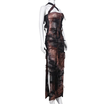 Halter tie dye high slit cross front maxi dress