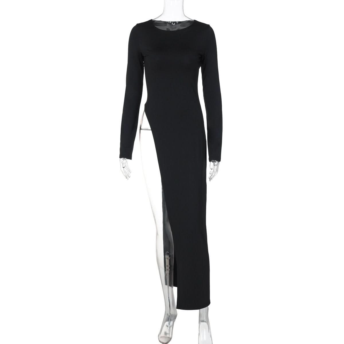 Long sleeve round neck slit solid maxi dress