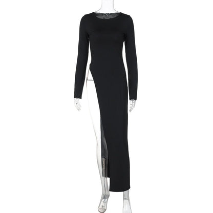 Long sleeve round neck slit solid maxi dress