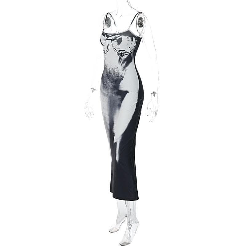 Square neck contrast print backless slit cami maxi dress-final-sale