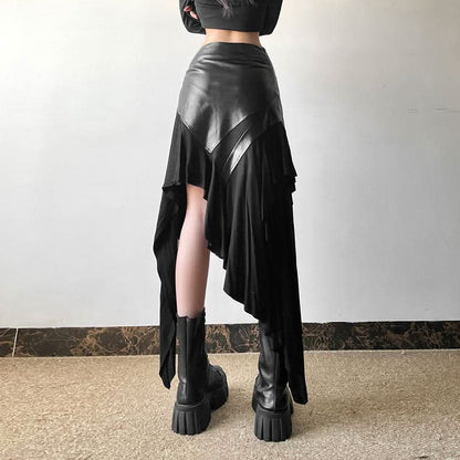 PU leather patchwork irregular midi skirt