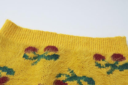 Knitted fluffy cherry print tube top