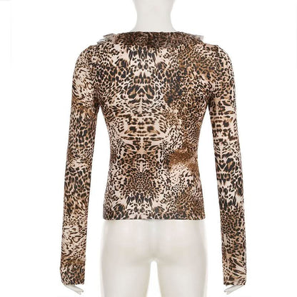 Long sleeve leopard print ruffle top