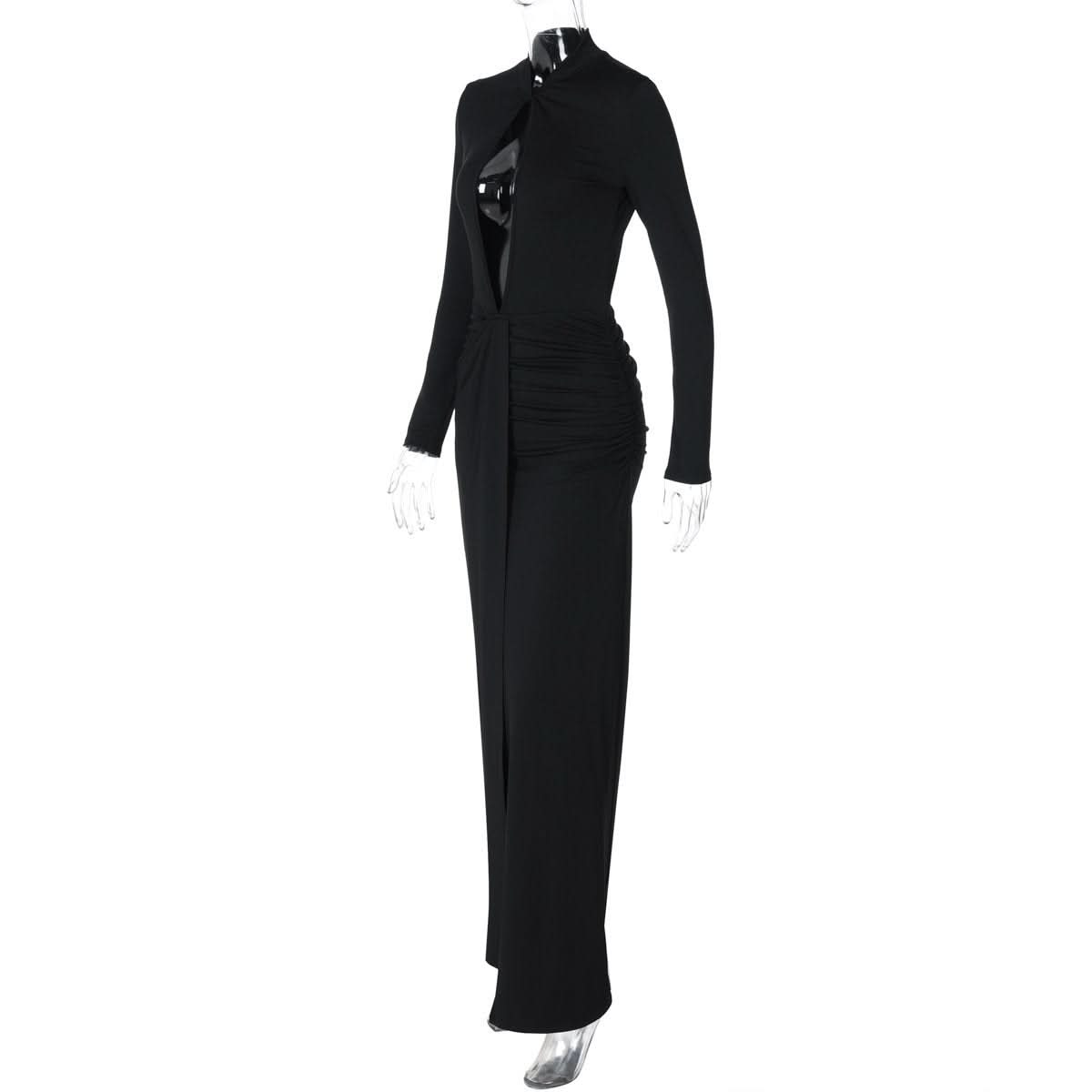 Long sleeve hollow out high slit ruched cut out maxi dress