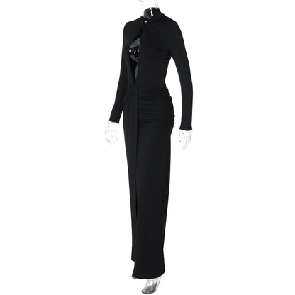 Long sleeve hollow out high slit ruched cut out maxi dress