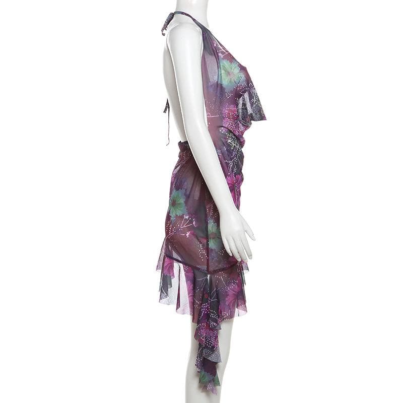 Halter cowl neck beaded sheer mesh print mini dress