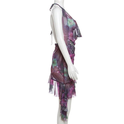 Halter cowl neck beaded sheer mesh print mini dress