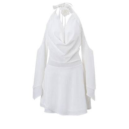 Cowl neck solid halter backless off shoulder long sleeve zip-up mini dress