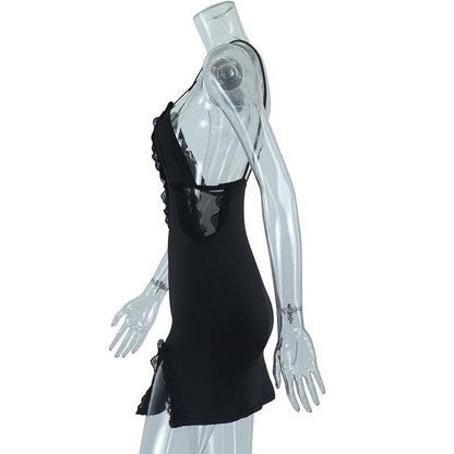 Deep v neck cross front lace hem backless cami mini dress