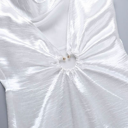 Ruffle deep V neck ruched irregular solid mini dress