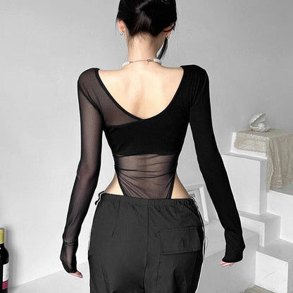 Long sleeve mesh metal tag patchwork bodysuit