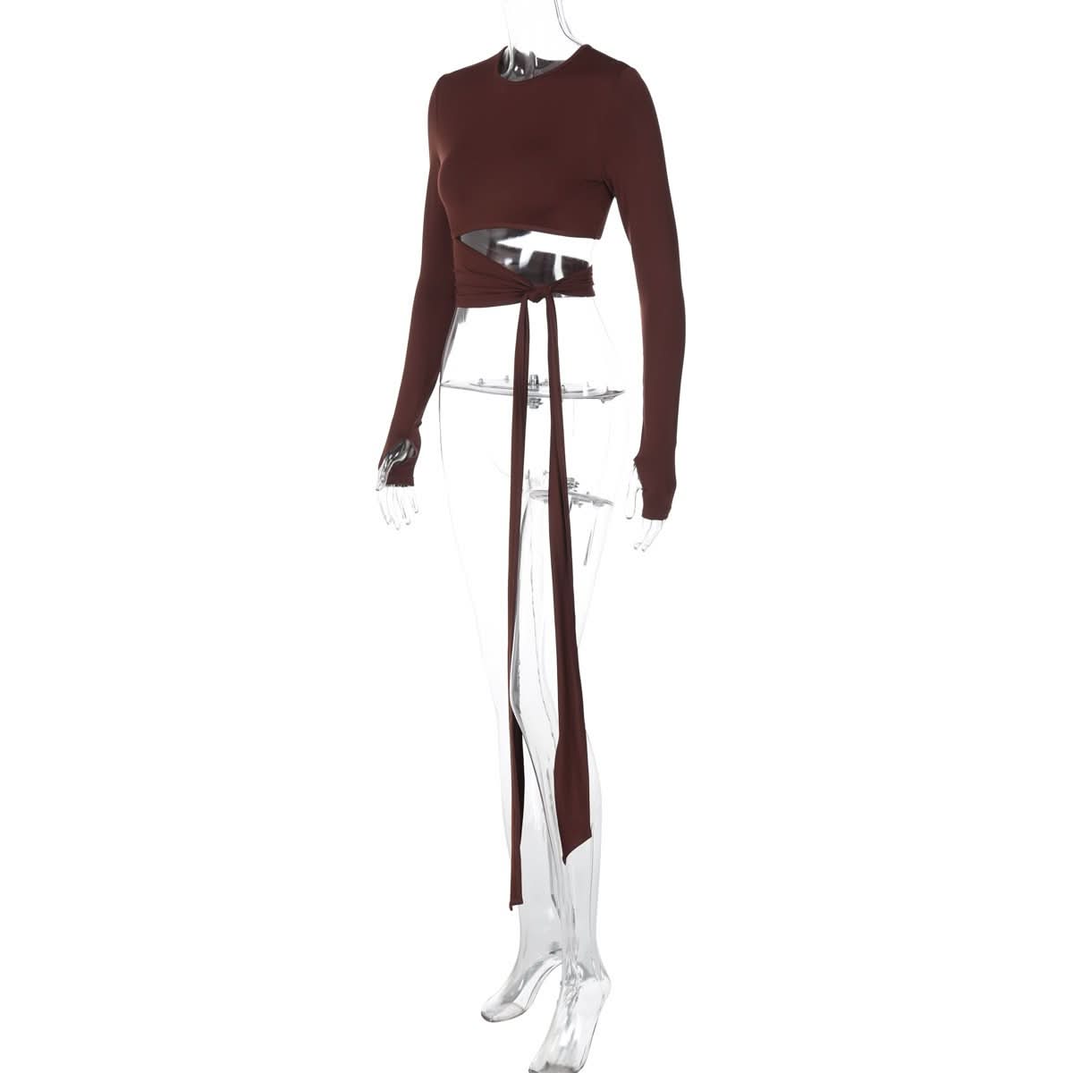 Long sleeve crewneck hollow out knotted cut out top
