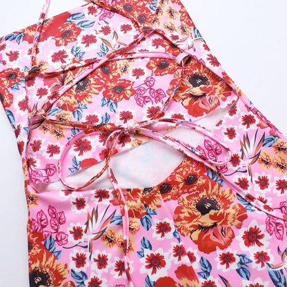 Cross back self tie flower print cami maxi dress