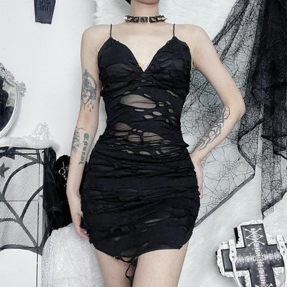 Distressed Ruched Mesh Insert Spaghetti Strap Mini Dress